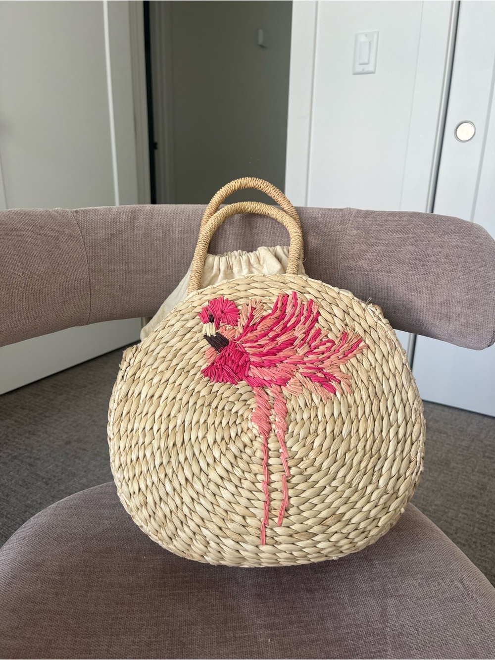 Straw Round Tote with Pink Embroidered Flamingo - Picture 5 of 5